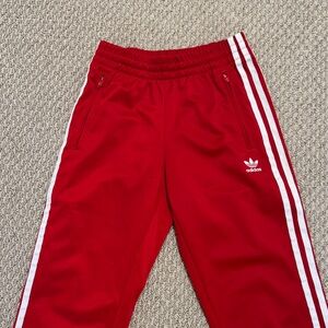 Adidas Kids Red Joggers with White Stripes